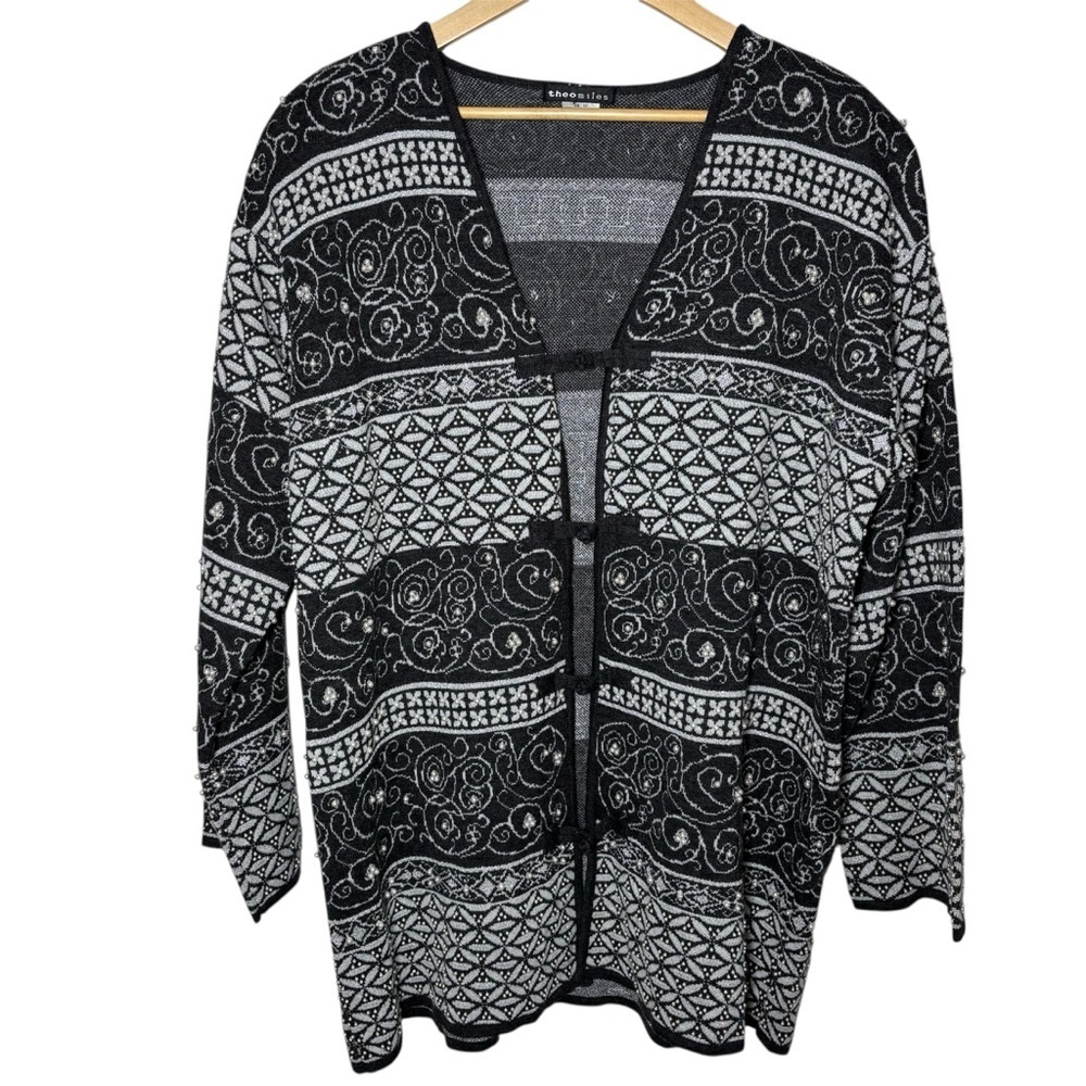 VTG Theo Miles Knit Long Cardigan Sweater 1X Gray Wool Blend Pearl Granny Jacket